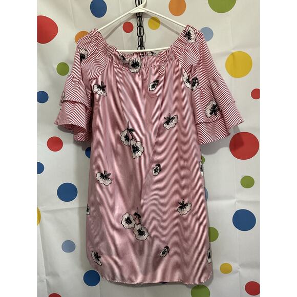 NWOT Ces Femme Size S Off The Shoulder Dress Pinstriped Floral - Picture 12 of 16